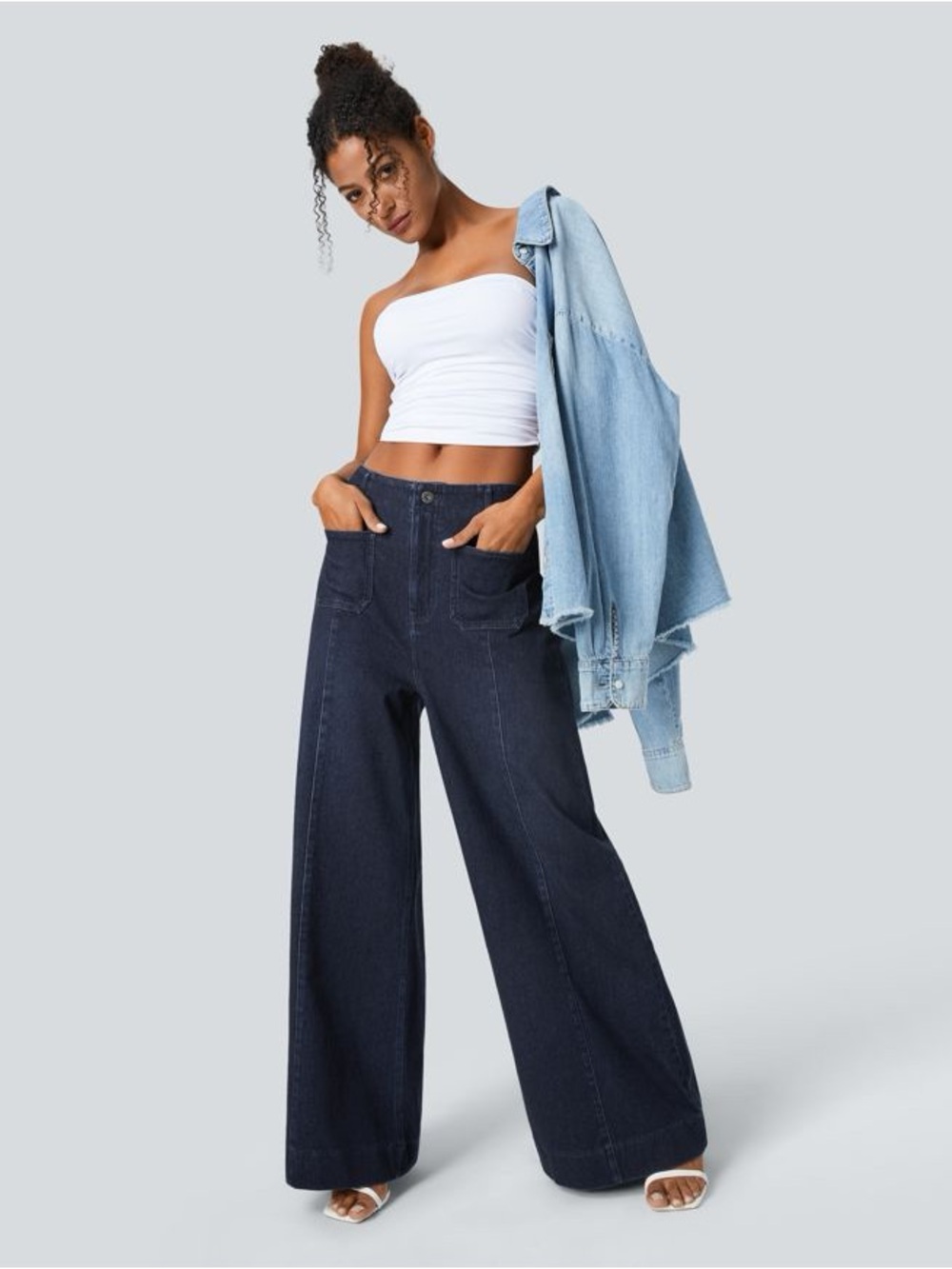 Halara Flex High Waisted Pockets Washed Casual Wide Leg Jeans